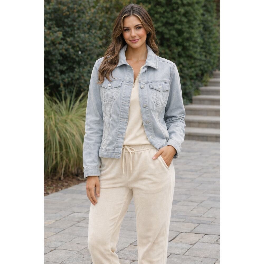 Artisan NY Womens Large Blue White Stripe Stretch Trucker Jacket